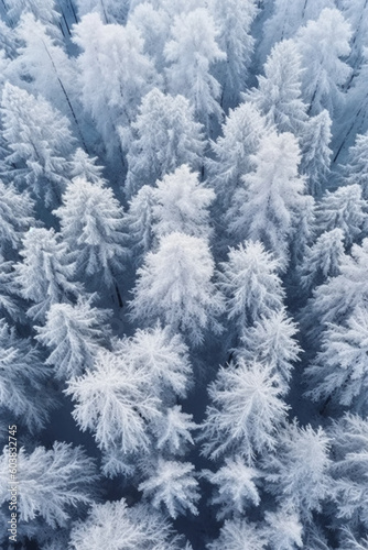 An aerial shot of many trees covered in snow. AI generative