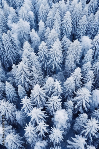 An aerial shot of many trees covered in snow. AI generative © SANGHYUN