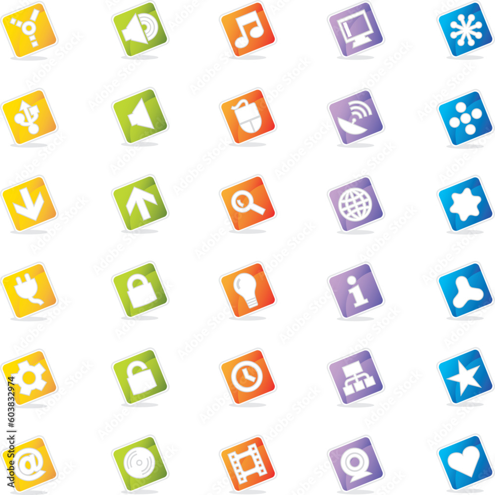 Dynamic, round cornered square icons on edge with cast shadow. 30 useful web icons with a clean and colorful style. Easy to change colors! Dynamic, round cornered square icons on edge with cast shadow. 30 useful web icons with a clean and colorful style. Easy to change colors!