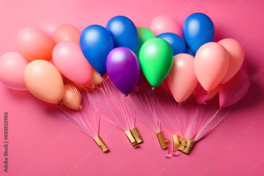 colorful balloons isolated on pink background with copy space. kids birthday template 