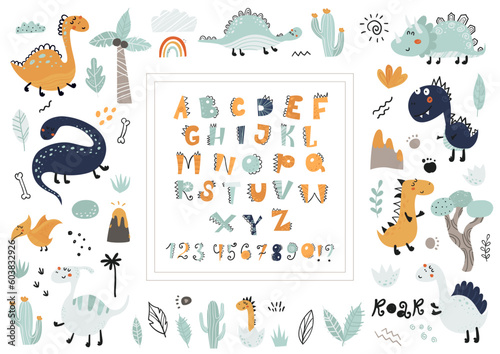 Big collection of cute dinosaurs, alphabet and numbers.