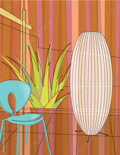 Modern, colorful stylized motif of chair, lamp and aloe vera in a modern home atrium. Each item is grouped so you can use them independently from the background.