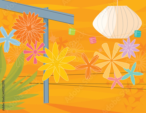 Modern, colorful stylized outdoor patio party with arbor and flowers. Items are grouped so you can use them independently from the background.