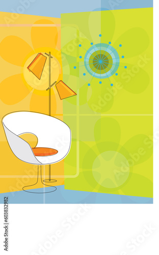Modern, colorful stylized motif of chair, lamp and starburst clock. Items are grouped so you can use them independently from the background.
