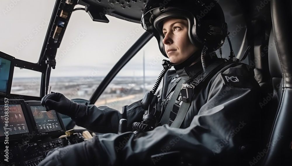 Obraz premium Woman pilot in the cockpit of a helicopter in flight with a view of the city from above, AI generated Generative AI