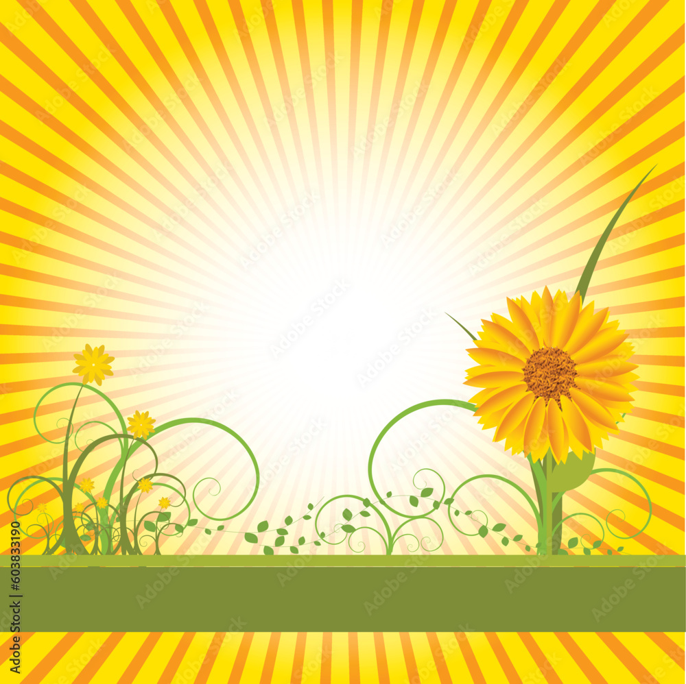 Vector- Floral grunge with sunflower, vines and grass. Copy space for text.