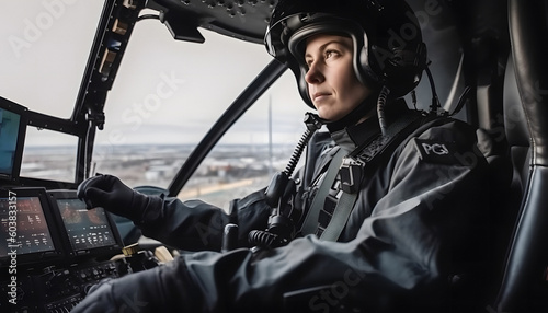 Woman pilot in the cockpit of a helicopter in flight with a view of the city from above, AI generated Generative AI photo