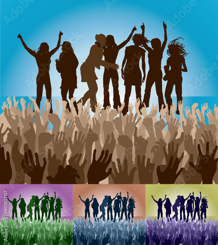 A group of female friends celebrating on stage in front of an adoring crowd. Vector file includes several different colour versions