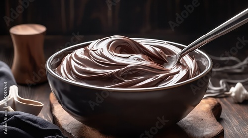 freshly made chocolate cream paste with nuts on a wooden table. Country style.world chocolate day.Generative AI