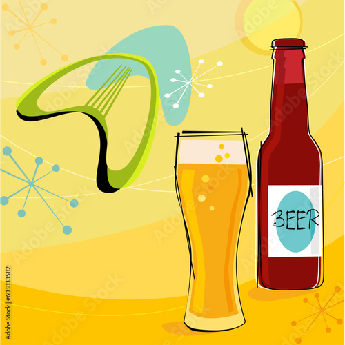 Retro beer motif with boomerangs and stars. Each item is grouped so you can use them independently from the background. Layered file for easy edit--no transparencies or strokes!