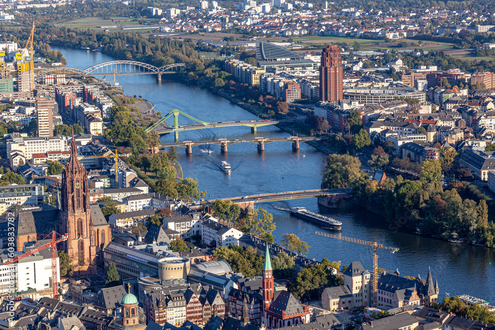aerial of Frankfurt an Main with view to river Main