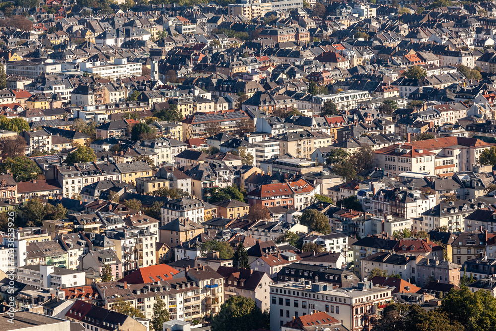 aerial of living area in Frankfurt, Germany with three and four floor buildings