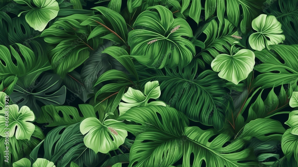 Green Tropical Leaves Seamless Pattern created with Generative AI Technology, ai, generative Green Tropical Leaves Seamless Pattern created with Generative AI Technology, ai, generative