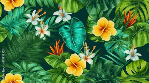 Green Tropical Leaves Seamless Pattern created with Generative AI Technology  ai  generative