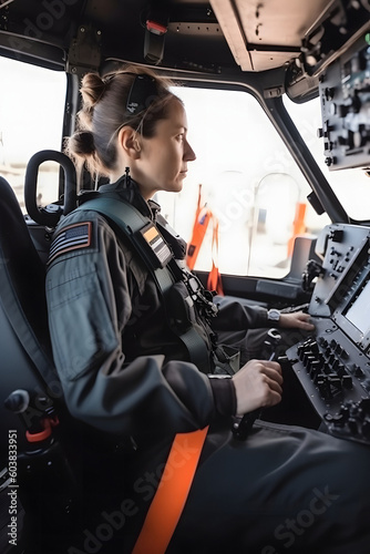 Woman pilot in the cockpit of a helicopter, generated AI Generative AI