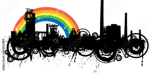 Detailed vector illustration of an industrial skyline with rainbow and grunge
