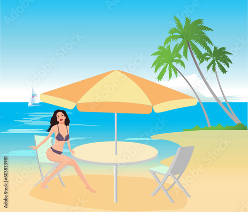 Attractive girl on exotic beach -vector illustration