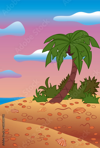 Summer scene, beach, palms, vector illustration