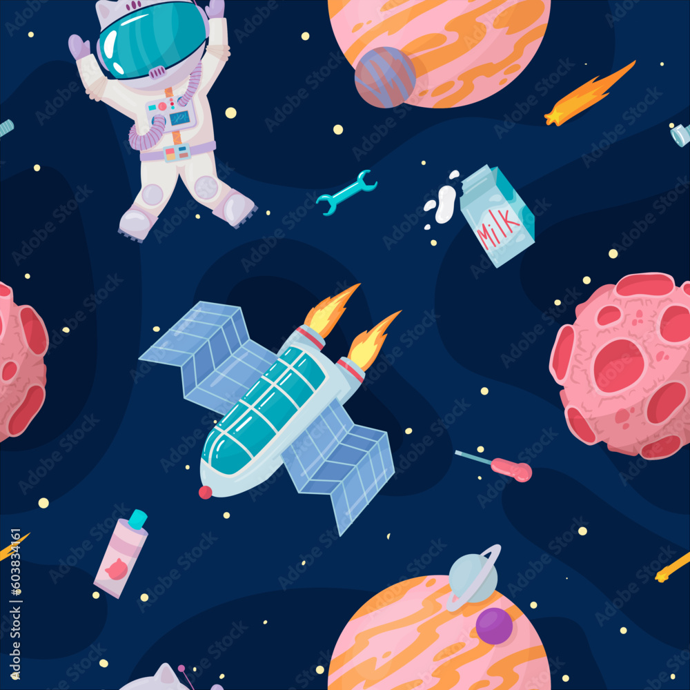 Cosmonaut in outer space. UFOs, spaceships, rockets. Solar system, intergalactic travel. Galaxies, planets, asteroids, comets, shooting stars. Vector illustration in cartoon style on  background.