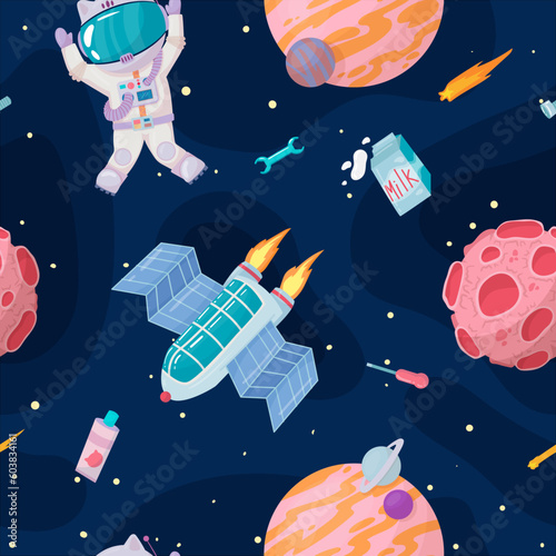 Cosmonaut in outer space. UFOs, spaceships, rockets. Solar system, intergalactic travel. Galaxies, planets, asteroids, comets, shooting stars. Vector illustration in cartoon style on  background.