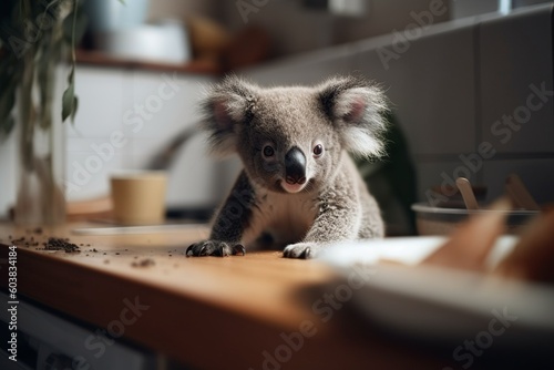illustration, baby koala in the kitchen, ai generative.