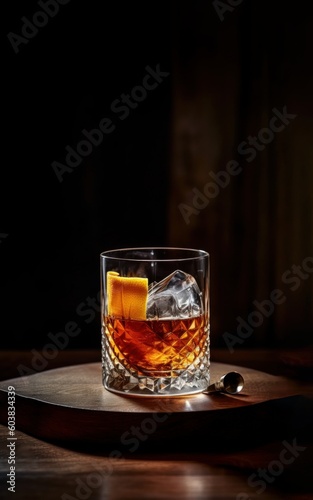 Product shot of Old Fashioned Cocktail on the rocks over wood tray with black background created with Generative AI technology