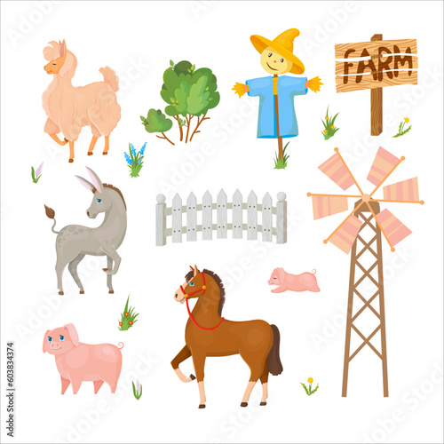 Donkey, Horse, Llama or Alpaca, Pig. Farm animals and buildings. Hay. Tractor. Barn. Cattle breeding Vector illustration isolated on white background.
