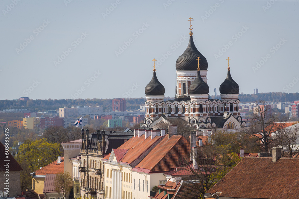 View of the old town, Toompea hill with fortress wall, tower and Russian Orthodox Alexander Nevsky Cathedral, view from the tower of St. Olaf church, Tallinn, Estonia .