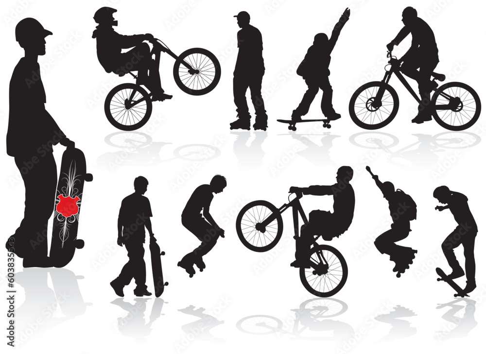 Obraz premium Vector extreme silhouettes man on roller, bicycle, skateboard