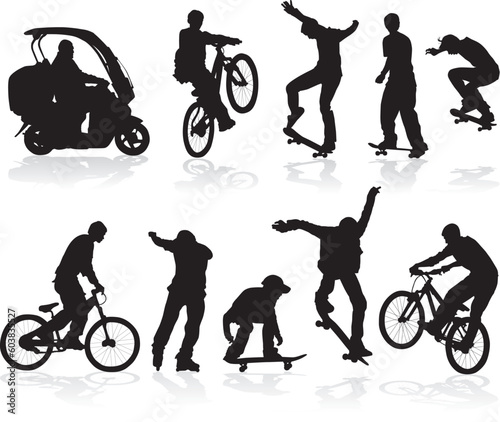 Vector silhouettes man on roller, bicycle, scooter, skateboard.