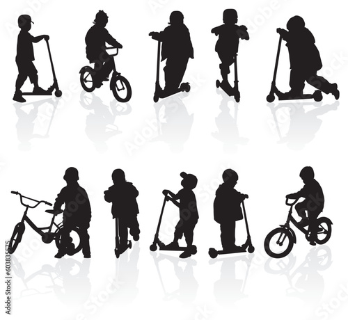 Silhouette girls and boys with bicycle, illustration