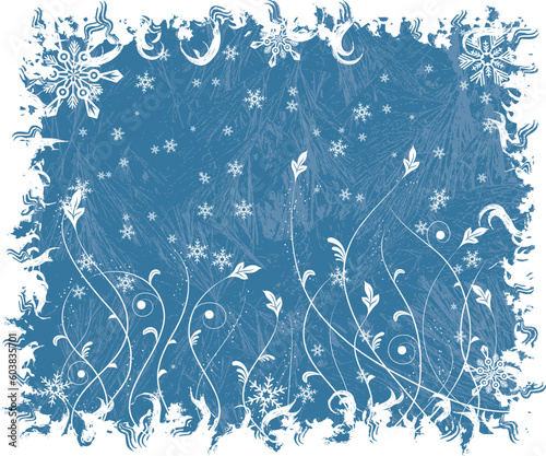 Christmas frosty background with snowflakes and flowers, vector illustration