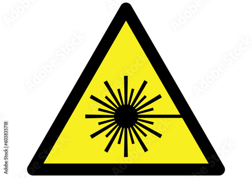 Symbol for Laser warning sign on yellow triangle.