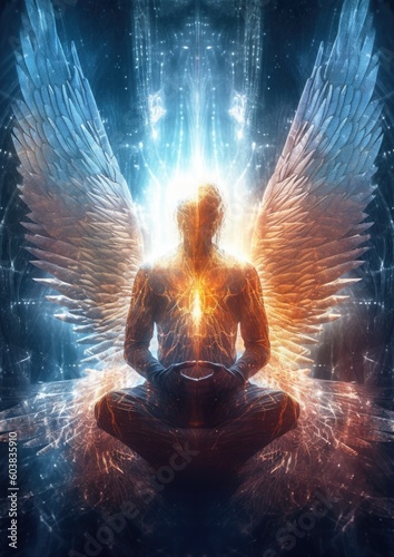 a man sits in meditation with a large angel wing