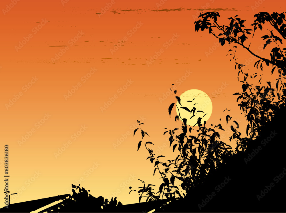 Landascape illustration of a setting sun in vector format