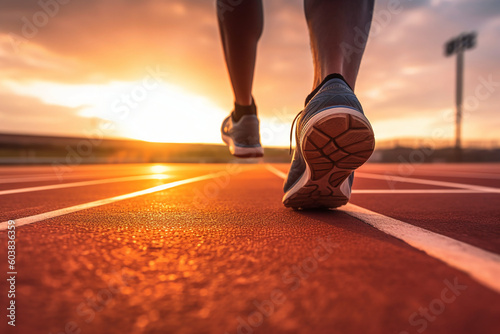 Runners feet in a athletic running track. Young man athlete training at sunset. AI generative