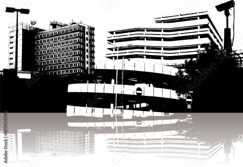 Abstract city security with a reflection and a camera
