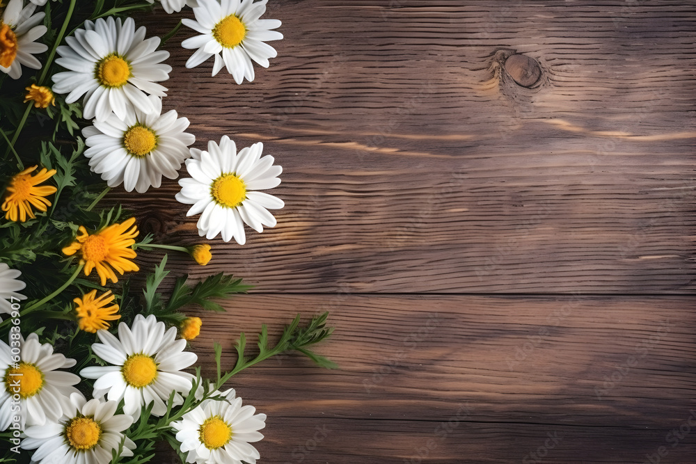 Fototapeta premium Daisy flowers on wooden background, summer chamomile flat lay. Valentine's, womens, mothers day, birthday or wedding concept. Top view. Copy space. Generated AI.