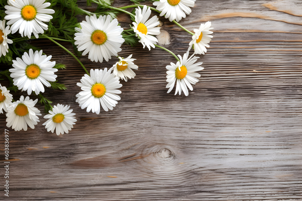 Obraz premium Daisy flowers on wooden background, summer chamomile flat lay. Valentine's, womens, mothers day, birthday or wedding concept. Top view. Copy space. Generated AI.