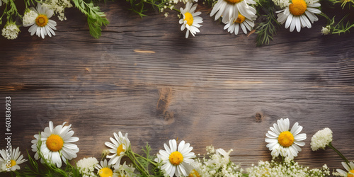 Daisy flowers on wooden background, summer chamomile flat lay banner. Valentine's, womens, mothers day, birthday or wedding concept. Top view. Copy space. Generated AI. © AnaWein