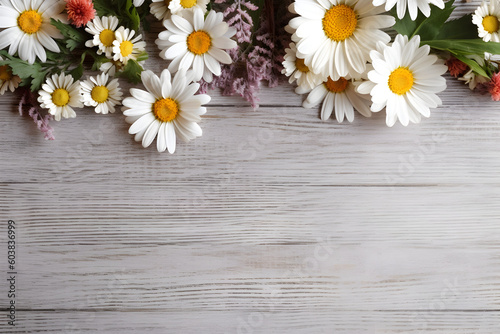 Daisy flowers on white wooden background  summer chamomile flat lay banner. Valentine s  womens  mothers day  birthday or wedding concept. Top view. Copy space. Generated AI.