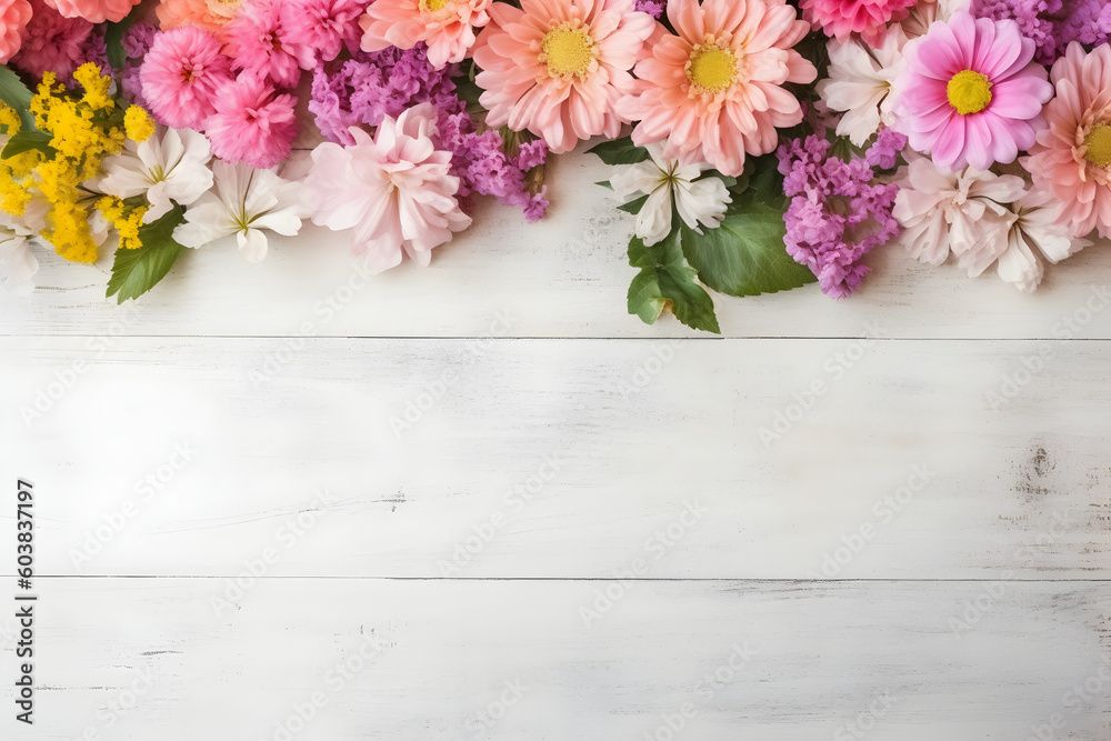 Summer garden flowers on white wooden background, flat lay composition. Valentine's, womens, mothers day, birthday or wedding concept. Top view. Copy space. Generated AI.