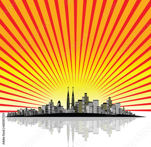 Vector - Brightly lit modern city with reflections and starburst effect.