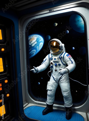 astronaut in space suit looking out of a space station window - Generative AI