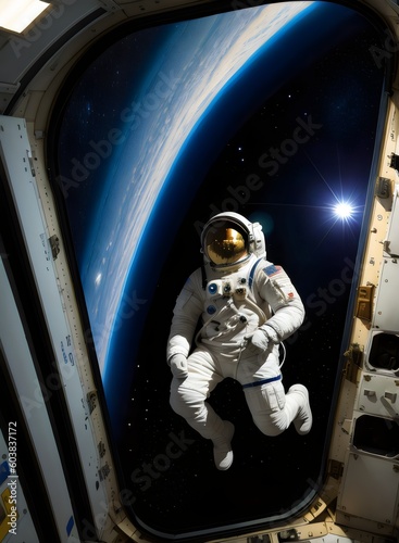 astronaut in space looking out of a window - Generative AI