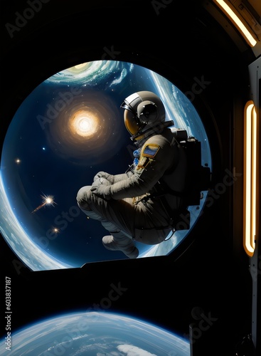 astronaut in space looking out of a window - Generative AI