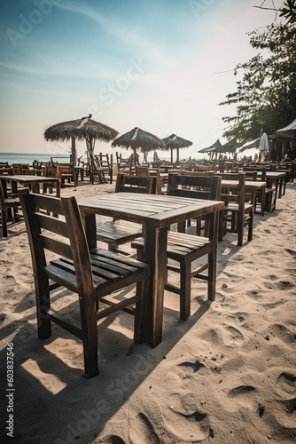 illustration  outdoor restaurant on the beach with table and chairs  ai generative.