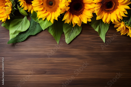 Sunflowers on wooden background. Valentine's, womens, mothers day, birthday or wedding, summer flowers flat lay. Top view. Copy space. Generated AI.
