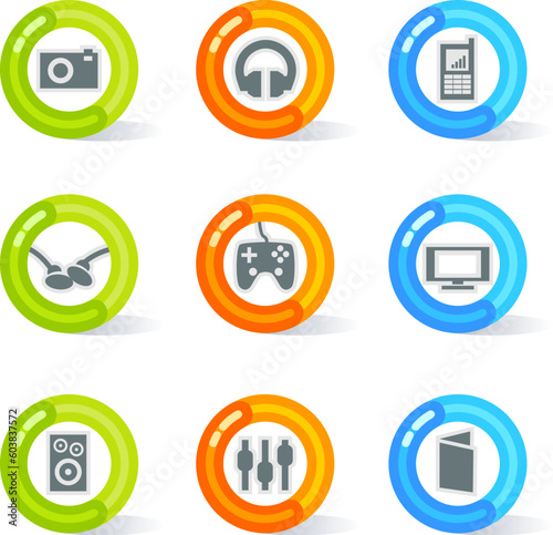 Stylish colorful gel Icons with device symbols; easy edit layered files.