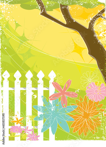 Stylized Grunge Flower Garden with a retro feel.  Items grouped so you can use them independently from the background. Layered file for easy edit.